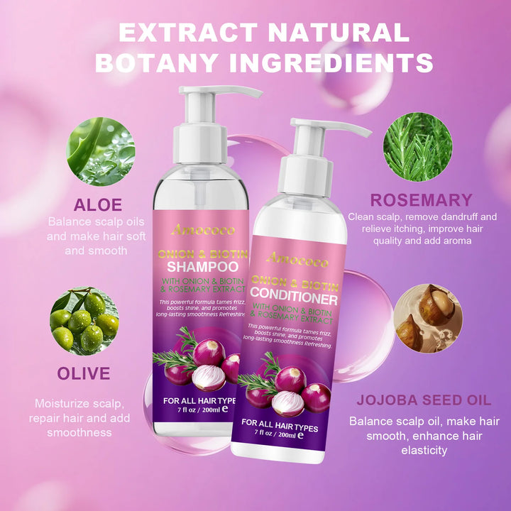 Amococo 2pcs X 200ml Shampoo and Conditioner Set with Onion Biotin Rosemary Hair Care Duo for All Hair Types Frizz Control Shine Boosting Sulfate Free