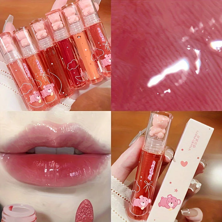 6 color lip glaze, cute little bear, mirror gloss, jelly lips with sparkling light dew water, long-lasting stain resistant trans