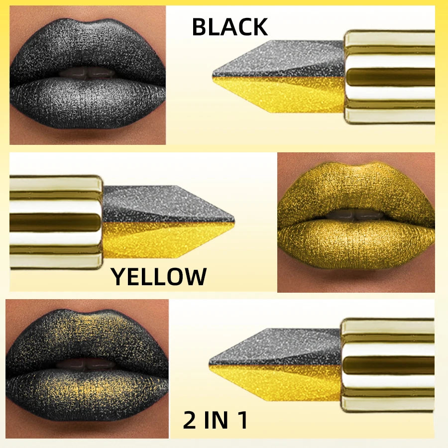 1PC Metallic Finish Lipstick Glitter Black&yellow Two Tone High Pigment Lip Tint  Korean Makeup Hydrating Shine Cosmetic Gifts