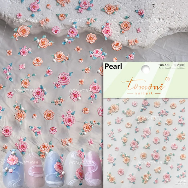 Flowers Blooming Cherry Blossom Sakura Living Peach Branch 5D Soft Relief Spring Adhesive Nail Art Sticker Chic Manicure Decals