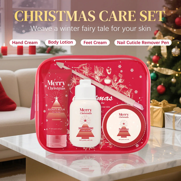 Merry Christmas 110ml Skin Care Gift Set - Hand Body Feet Cream with Nail Pen, Natural Verbena Cedarwood Sandalwood Fragrance