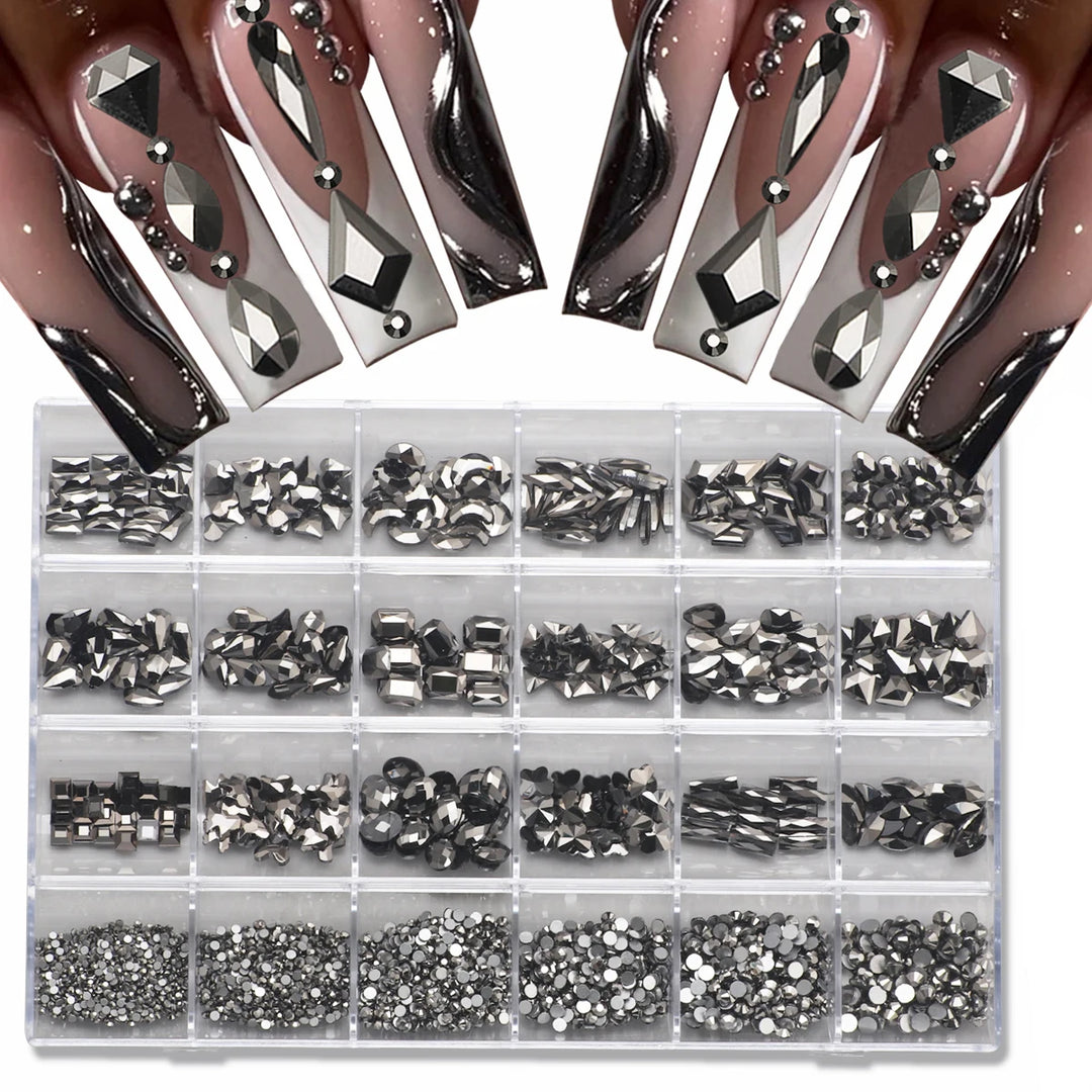 1 box of multi -shaped 3D nail diamond kits -24 AB crystal gem grids, flat -bottom nail art accessories multi -style nail suppli