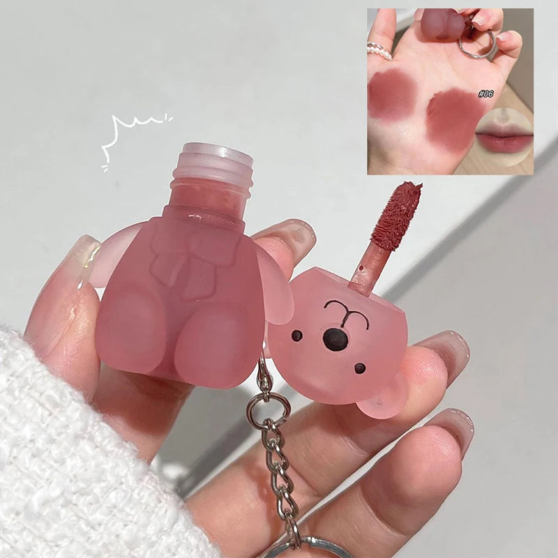 Cute Bear Keychain Velvet Mist Lip Glaze Waterproof Lasting Matte Lipstick Orange Lips Tint Women Dupes Korean Makeup Cosmetic