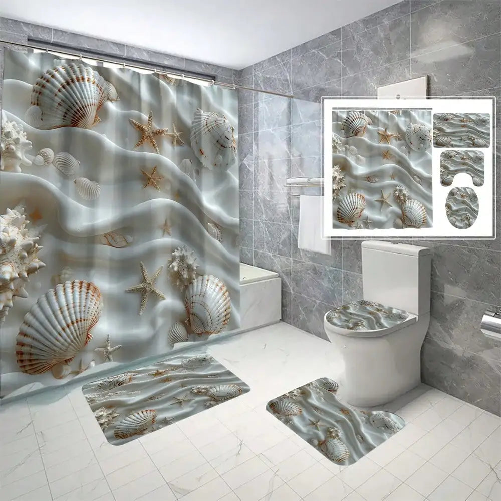 modern Pattern Printed Bathroom Set, Including Shower Curtain, Toilet Lid Cover & U-Shaped Mat,Bathroom Accessories