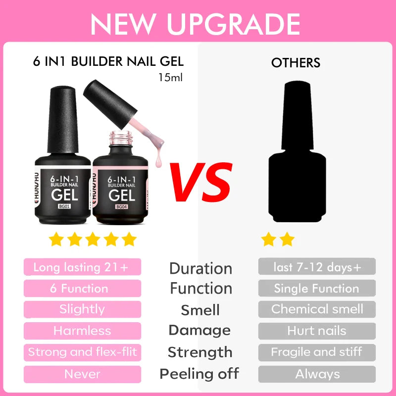 CHUNSHU 6 IN 1 Extension UV Gel Polish In A bottle Builder Nail Gel Rubber Base Coat Semi Permanent Nails Art Self-leveling 15ML