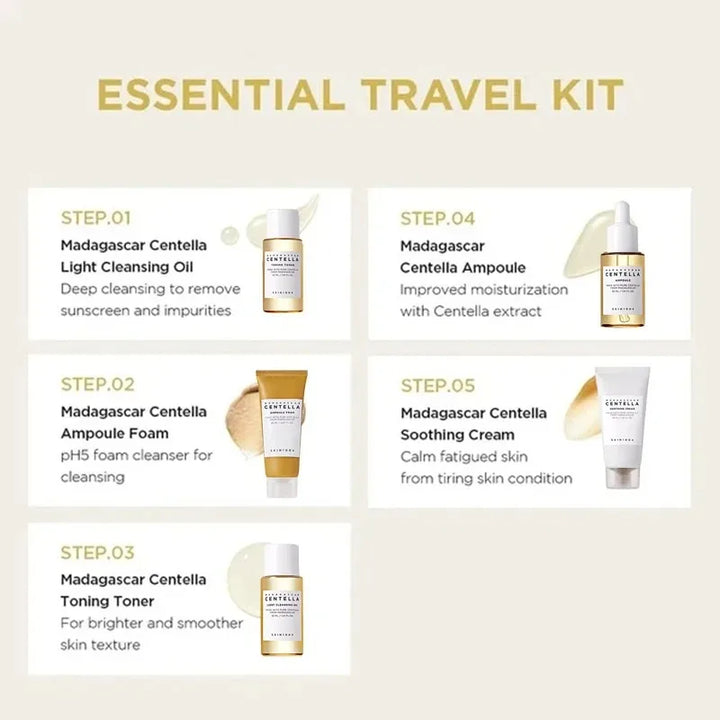 Korean Centella Travel Kit, Toner,Ampoule,Soothing Cream,Cleansing Oil,Ampoule Foam,Basic Daily Skincare Mini 5pcs Gift Sets