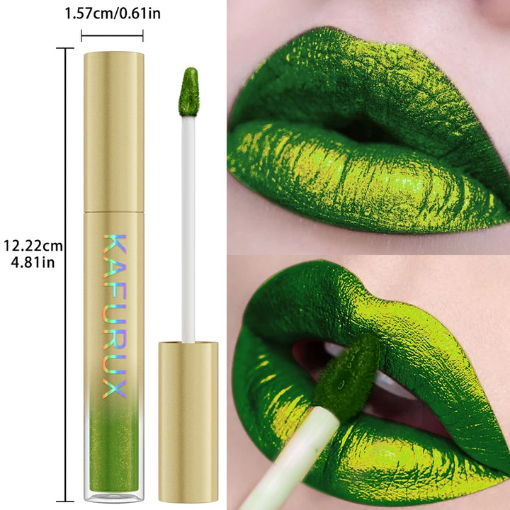 Metallic Green Lip Glaze Waterproof Liquid Lipstick Highly Pigment Lip Tint Makeup Glitter Lip Gloss Gifts Shine Lip Stain