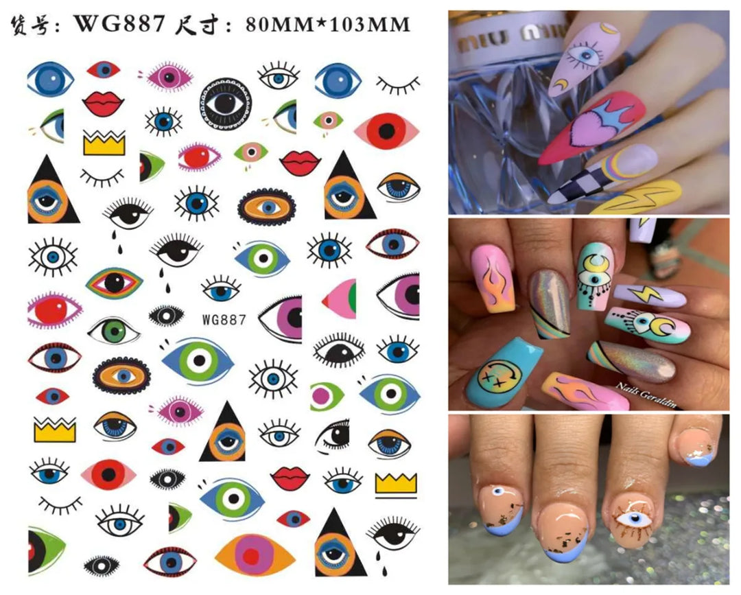 Nail Art Stickers Water Decals Eyes Stripe Nail Art Decorations for Manicure Accessories Press on Nails Foil Stickers and Decals