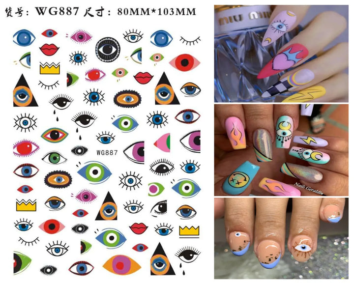 Nail Art Stickers Water Decals Eyes Stripe Nail Art Decorations for Manicure Accessories Press on Nails Foil Stickers and Decals