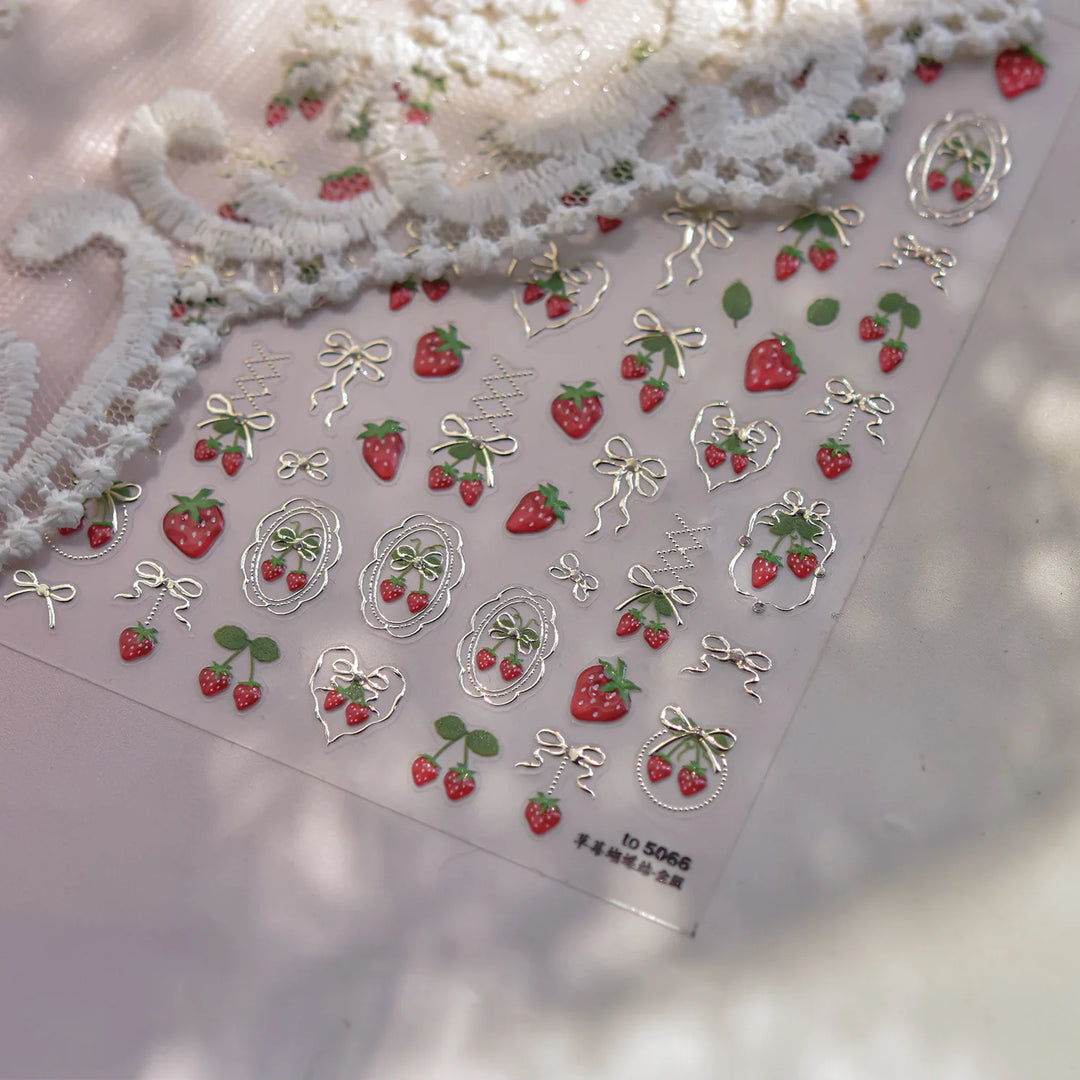 Kawaii Cherry Bow Nail Stickers 5D French Cute Red Bow Fruit Design Self Adhesive Decoration Nails Stickers DIY Nail Accessories