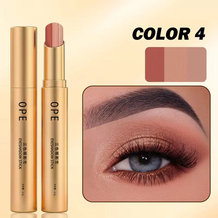 Three-Color Eyeshadow Stick, Shimmering Highlighter Eyeshadow Stick, Waterproof and Long-Lasting Pearlescent Metallic Eyeshadow