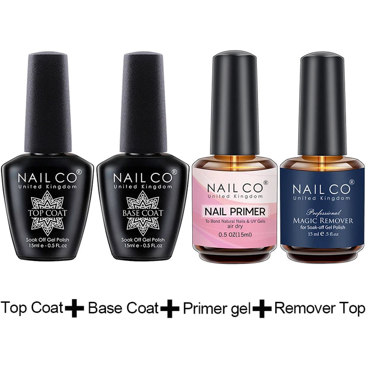 NAILCO 15ml Hema TPO Free No Wipe Top Base Coat Set Art Design Gel Nail Primer Soak Off UV Gel Nail Varnish Nail Remover Gel Kit