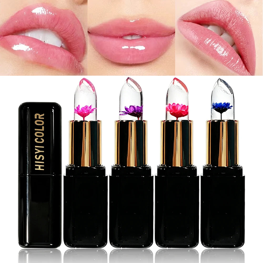 HISYI Crystal Color Changing Petal Lipstick, Jelly Lip Balm, Moisturizing Long Lasting Non-Stick Cup Glossy Lip Makeup for Women