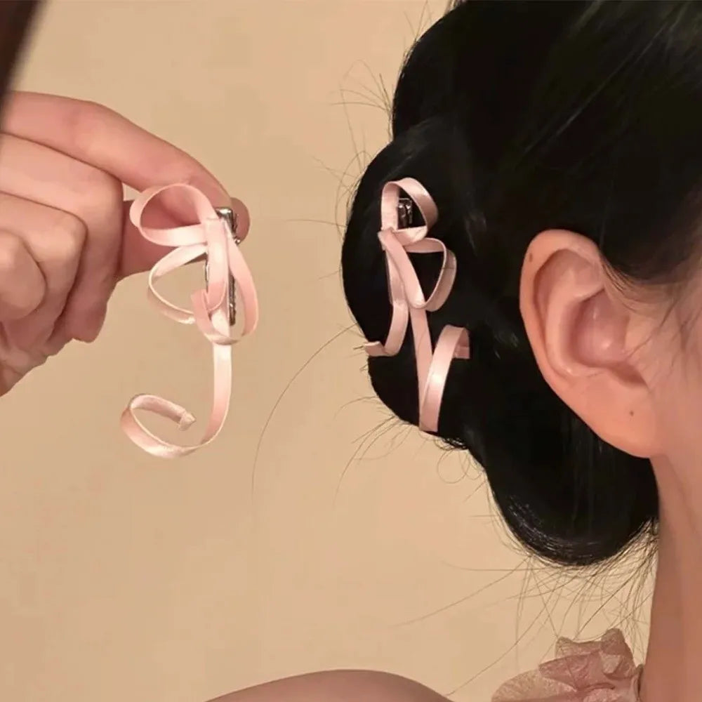 1 Pair Fairy Hair Jewelry 3D Satin Ribbon Bow Barrettes Silky Flowery Chinese Bow Hairpins Exquisite Secure Side Hair Clip Stage