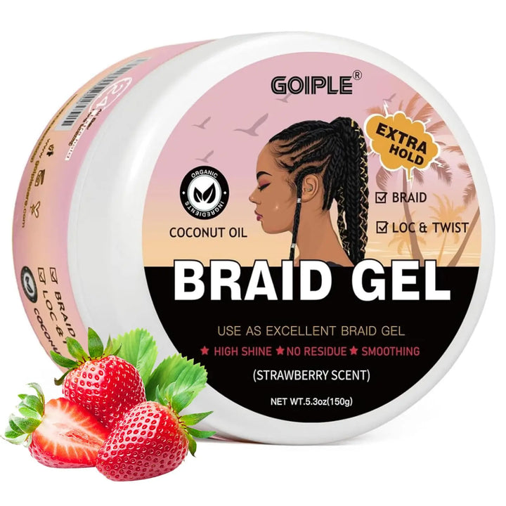 GOIPLE 5.3oz Strawberry Scent Braid Gel with Coconut Oil Loc & Twist Styling Frizz Control Smooth Hair Extra Hold Shaping Pomade