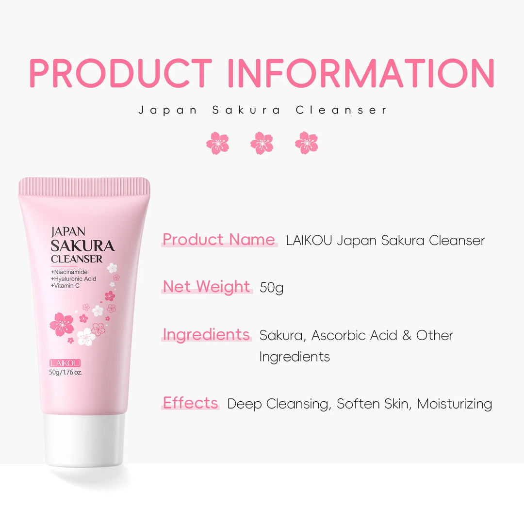 Laikou Sakura Facial Cleanser Deep Cleansing Pores Oil Control Moisturizing Brightening Face Wash Gentle For All Skin Types 50g