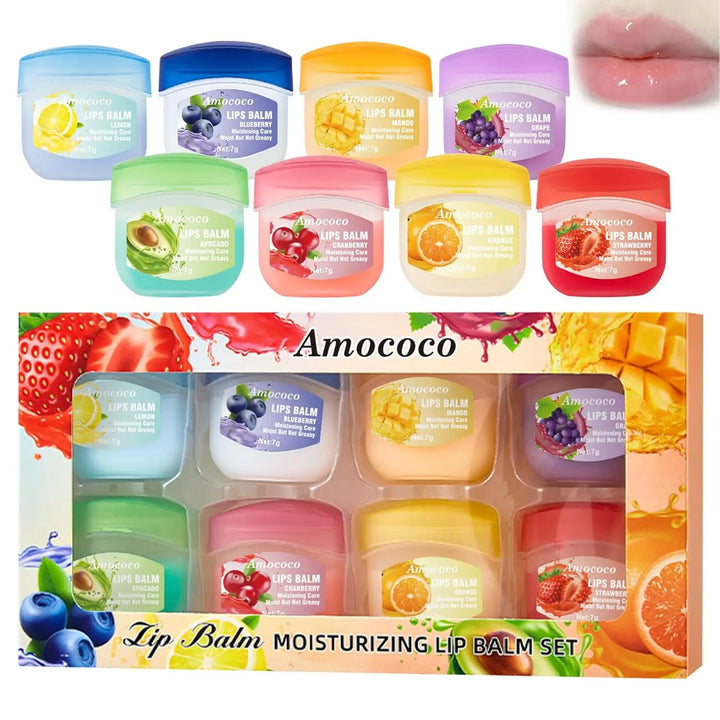 Amococo 7gx8pcs Strawberry Lip Balm Set Moisturizing Lip Mask Gift Box Care Treatment Nourishing Hydrating for Dry Lips Christmas Valentine Gift