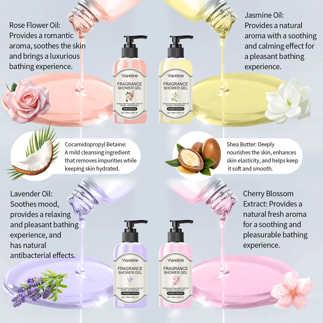 Viareline Fragrance Shower Gel Deep Clean Dirt Moisturizing Nourishing Floral Scent Reduce Dryness Roughness Body Skin Shampoo