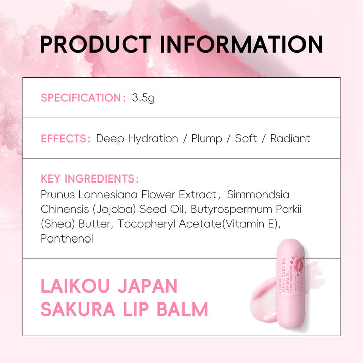 LAIKOU Japan Sakura Lip Balm 3.5g Shea Butter Vitamin E Nourishing Hydrating Moisturizer For Dry Chapped Lips Daily Lip Repair
