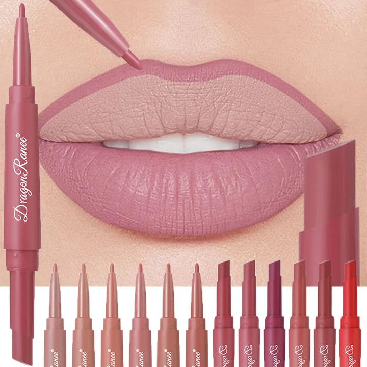 Waterproof Nude Matte Lip Liner Pencil Double Ended Matte Lipstick Lasting Moisturizing Rose Red Lipstick 2 in 1 Lipliner Makeup