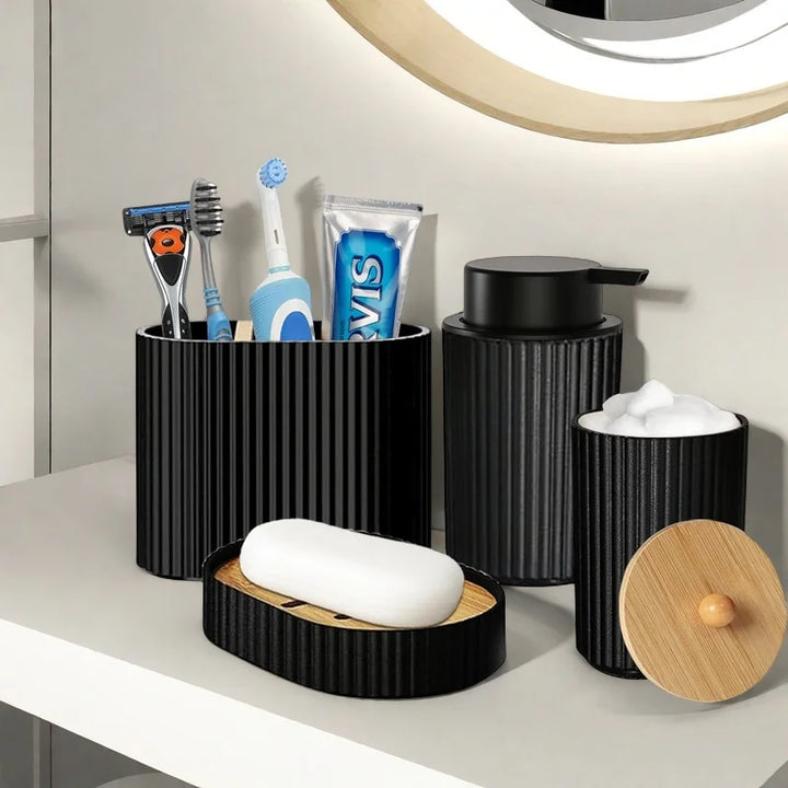 1set Bathroom Accessories Black Bath Toothbrush Holder, Foam Soap Dispenser, Cotton Ball Box and Soap Dish for Decorative