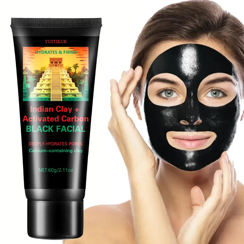 YUITIKUE Black Facial Mask, Indian Clay & Activated Charcoal, Deep Cleansing, Hydrates & Firms Pores, 60g