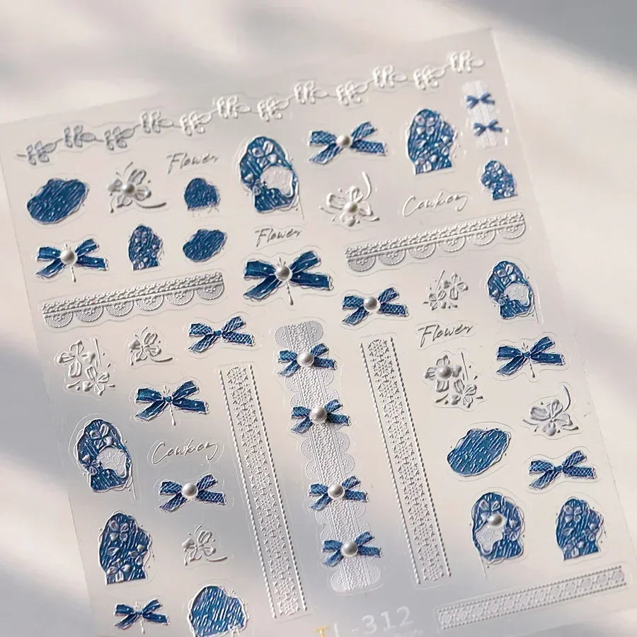 Lace Garden Bowknot Bow Tie Rose Flower Petal Pearl Irregular Border Self Adhesive 5D Nail Art Decoration Sticker Manicure Decal