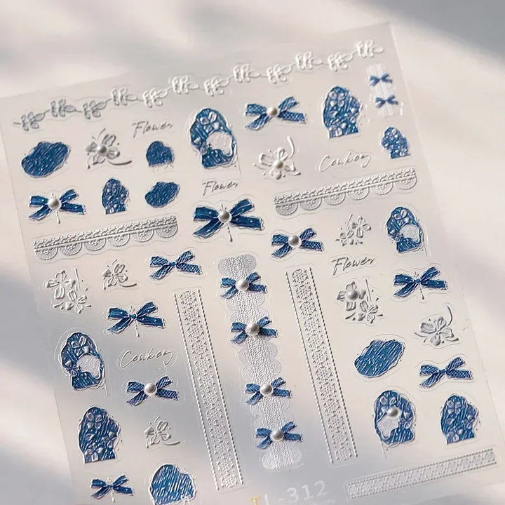 Lace Garden Bowknot Bow Tie Rose Flower Petal Pearl Irregular Border Self Adhesive 5D Nail Art Decoration Sticker Manicure Decal