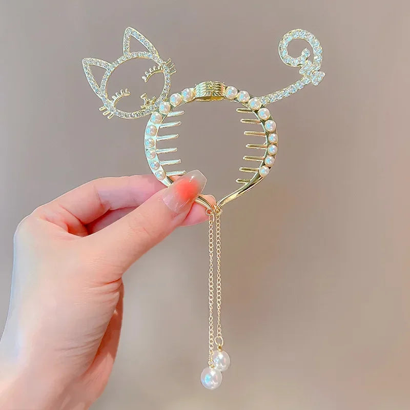 Blue Red Butterfly Bun Ponytail Buckle Holder Hair Clips Elegant Hairpin Hanging Pearl Tassel High Ponytail Hair Claw for Women