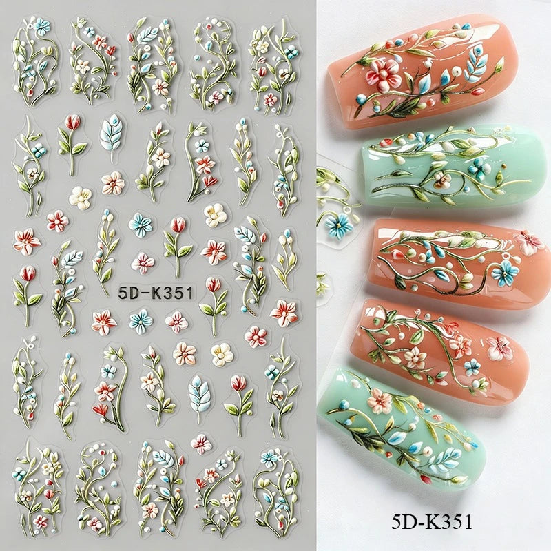 5D Embossed Green Vine Floral Nail Stickers - Matte Finish Self-Adhesive Nail Art Decals with Cartoon-Style Flowers