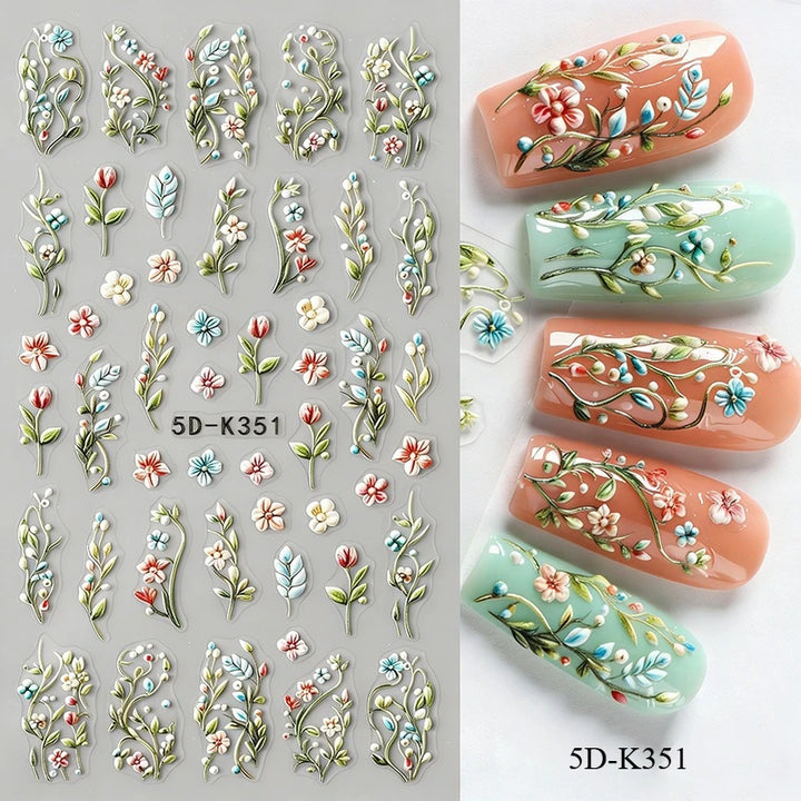 5D Embossed Green Vine Floral Nail Stickers - Matte Finish Self-Adhesive Nail Art Decals with Cartoon-Style Flowers