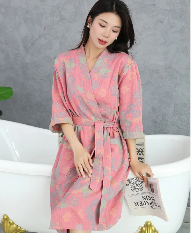 Cotton Bathrobe for Couples Spring and Summer Thin Style Short Sleeve Pajamas Clothes Women Absorbing and Quick Drying Bathrobes