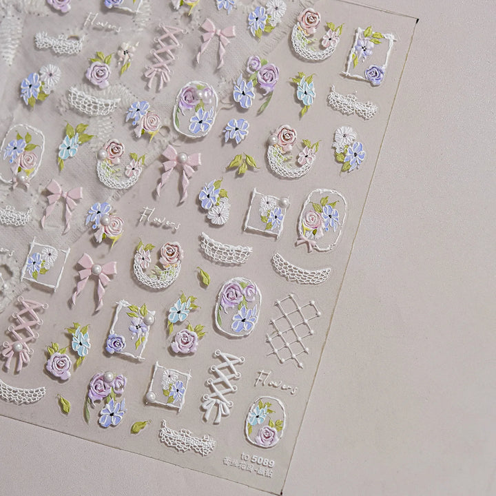Lace Garden Bowknot Bow Tie Rose Flower Petal Pearl Irregular Border Self Adhesive 5D Nail Art Decoration Sticker Manicure Decal