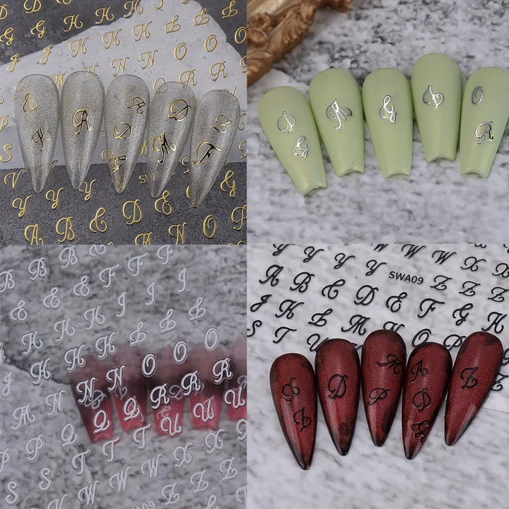 Retro English Letters Nail Stickers 4/8 Sheets 3D Self-Adhesive Nail Art Design Black White Gold Silver Nail Decals