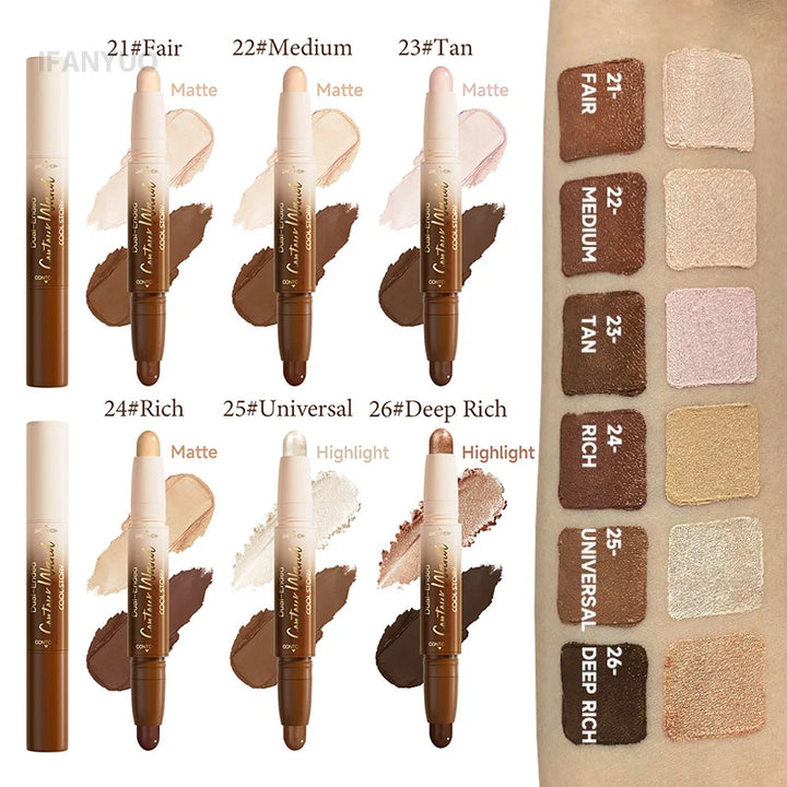 Contour Stick Double-Ended Highlight and Shadow Cream Waterproof Full Coverage Concealer Natural Finish Makeup for All Skin Tone