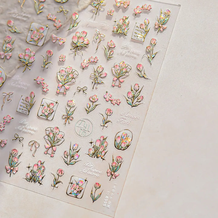 Lace Garden Bowknot Bow Tie Rose Flower Petal Pearl Irregular Border Self Adhesive 5D Nail Art Decoration Sticker Manicure Decal