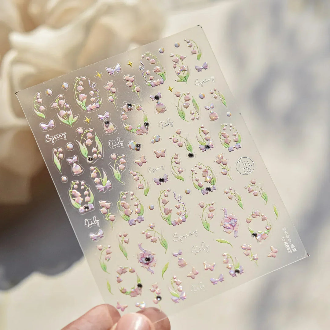 Lace Garden Bowknot Bow Tie Rose Flower Petal Pearl Irregular Border Self Adhesive 5D Nail Art Decoration Sticker Manicure Decal