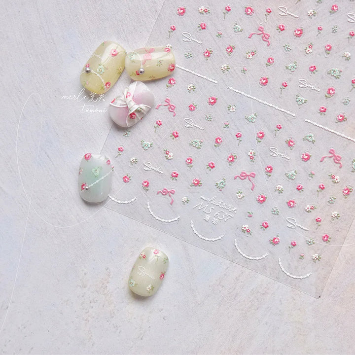 1Sheet 5D Soft Embossed Relief Nail Stickers Cute Daisies Self Adhesive Slider Stickers Press On Nails DIY Japanese Nail Art Dec