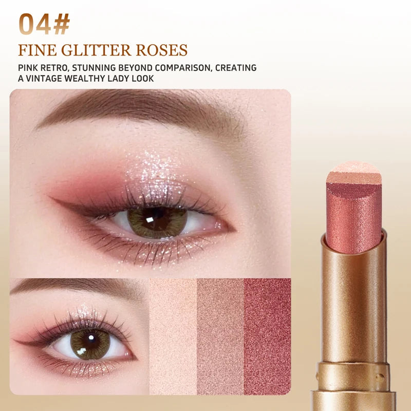 O'CHEAL Three Color Eye Shadow Stick Gradient Delicate Shiny Waterproof Glitter Eye Shadow Waterproof Long-Lasting Eye Cosmetics
