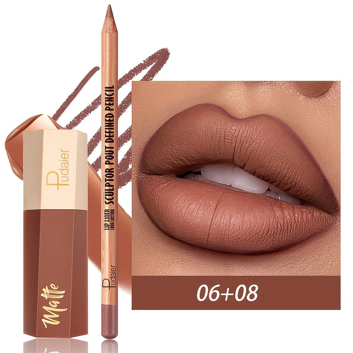 1set Matte lip gloss and lip liner pen set, long-lasting, waterproof, not easy to smudge, velvet texture