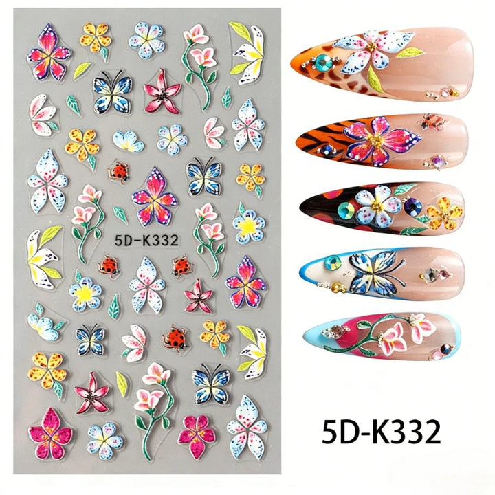 5D Embossed Green Vine Floral Nail Stickers - Matte Finish Self-Adhesive Nail Art Decals with Cartoon-Style Flowers