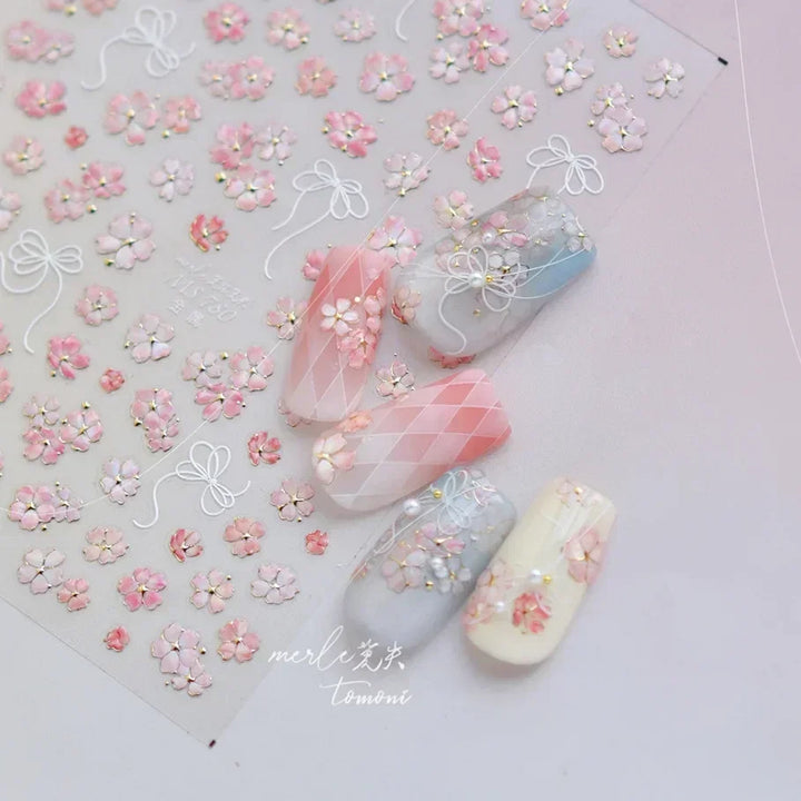 Lace Garden Bowknot Bow Tie Rose Flower Petal Pearl Irregular Border Self Adhesive 5D Nail Art Decoration Sticker Manicure Decal