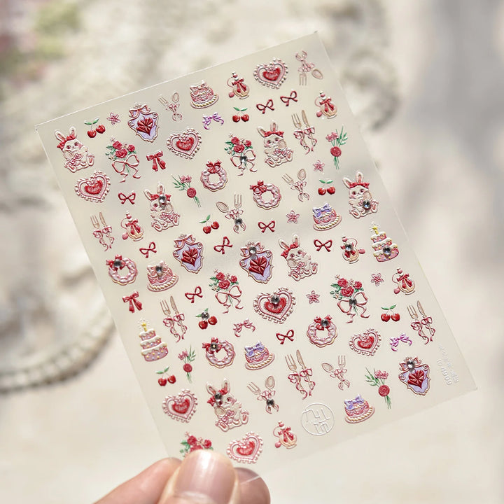 Nail Art Stickers Cute Manicure Decals Lovely Strawberry Muffin Cream Cake Ice Cream Bowknot 5D Embossed Reliefs Self Adhesive