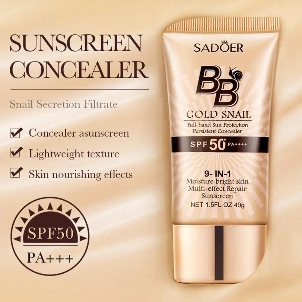 SADOER Gold Snail Sunscreen BB Cream Foundation Concealer Moisturizing Isolation Cream SPF50+PA+++ 40g Facial Moisturizer
