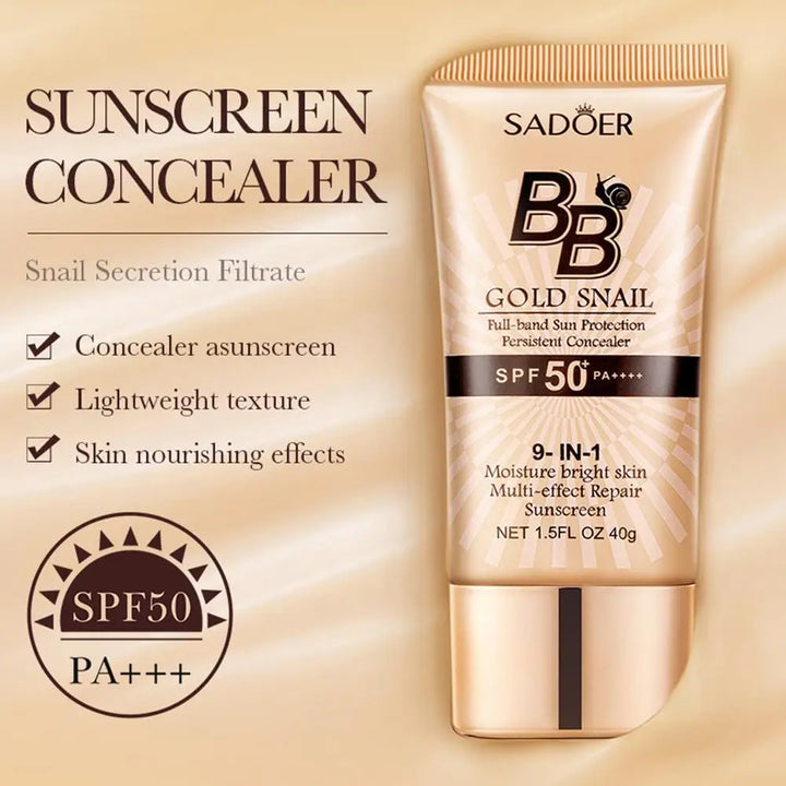 SADOER Gold Snail Sunscreen BB Cream Foundation Concealer Moisturizing Isolation Cream SPF50+PA+++ 40g Facial Moisturizer
