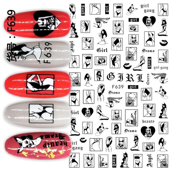 Nail Art Stickers Woman Girl Sexy Sticker Body Press on Nail Slider Black White Decal Decoration Nail Design Accessories Wraps