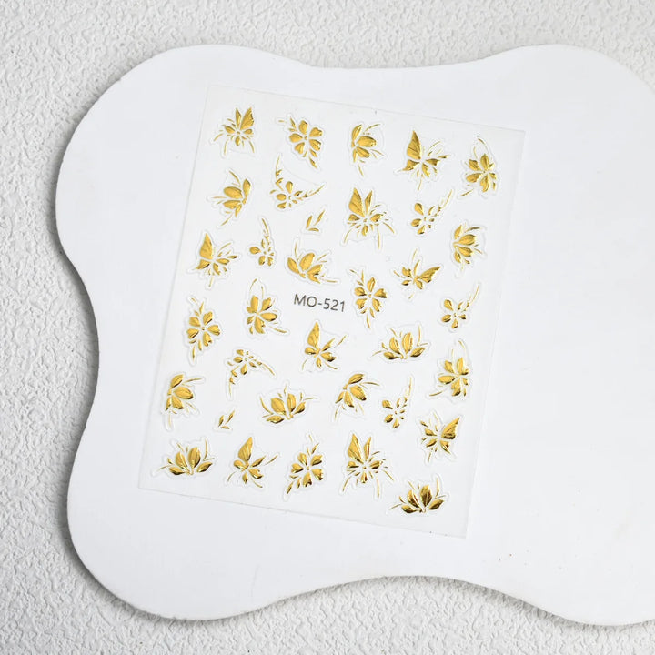 Vintage Golden Foil Nail Art Stickers - Embossed Peony Flower & Jade Leaf Design, Self-Adhesive, Single Use