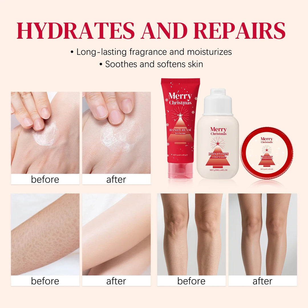 Merry Christmas 110ml Skin Care Gift Set - Hand Body Feet Cream with Nail Pen, Natural Verbena Cedarwood Sandalwood Fragrance