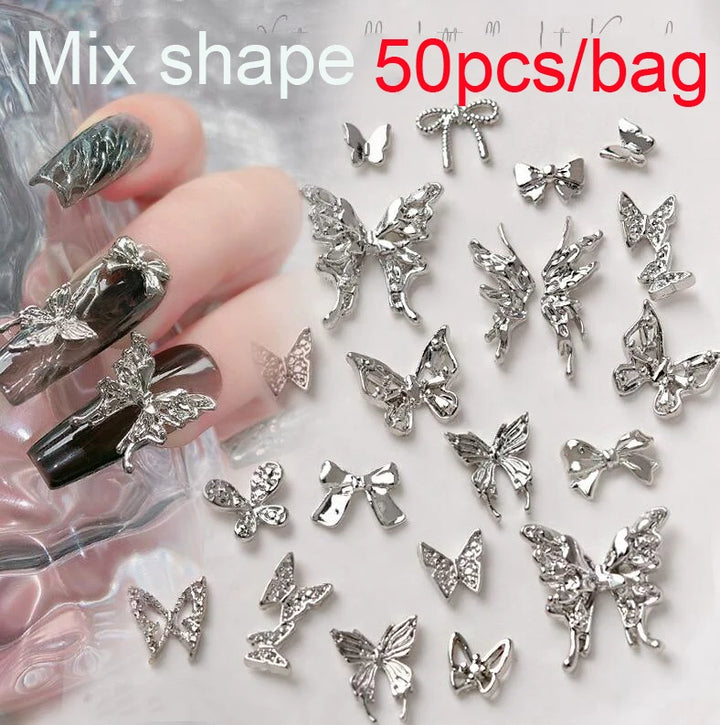 50Pcs 3D Mixed Random Luxury Nail Charms Metal Gold/Silver Butterfly/Bowknot Nail Art Decoration With Crystal Manicure Jewelry