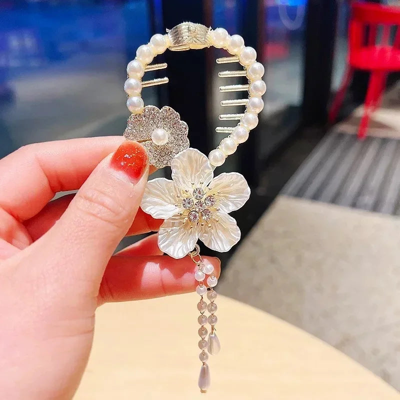 Blue Red Butterfly Bun Ponytail Buckle Holder Hair Clips Elegant Hairpin Hanging Pearl Tassel High Ponytail Hair Claw for Women